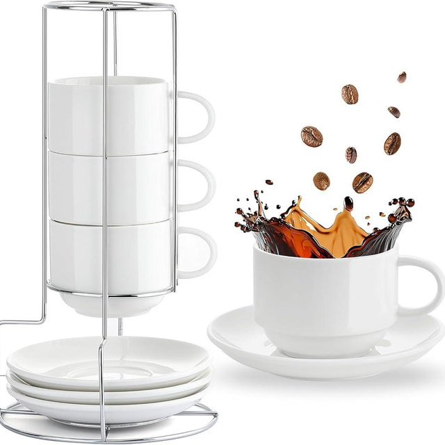 Mfacoy 8 Ounce Porcelain Cappuccino Cups with Saucers and Metal Stand, Stackable Coffee Cups for Specialty Coffee Drinks, Cappuccino, Latte, Espresso, Americano and Tea - White Cups Set of 4