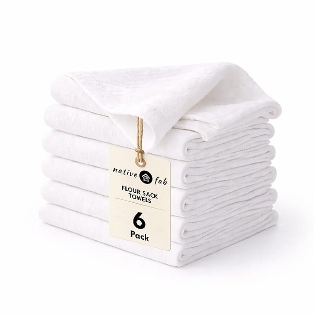 Native Fab, Flour Sack Towels 6 Pack, 100% Cotton [18x28 Inches] Soft, Breathable, Lightweight, Multi Purpose Kitchen Cloths, Perfect for Gourmet Cooking, Baking, Proofing Dough, Everyday Use, White