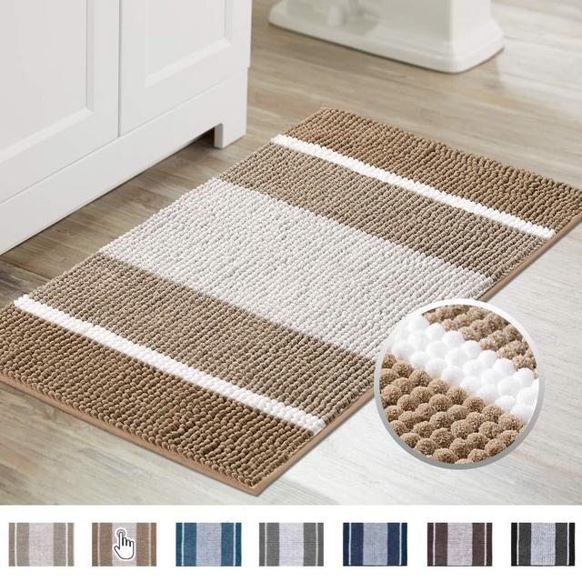 Flamingo P Super Cozy Plush Chenille Shaggy Bath Mat, Gradient Beige Stripe Pattern Soft Microfiber Bath Rug, Ultra Absorbent Non Slip Bathmat Machine Washable Rug for Tub Shower, (20×32 inch, Beige)