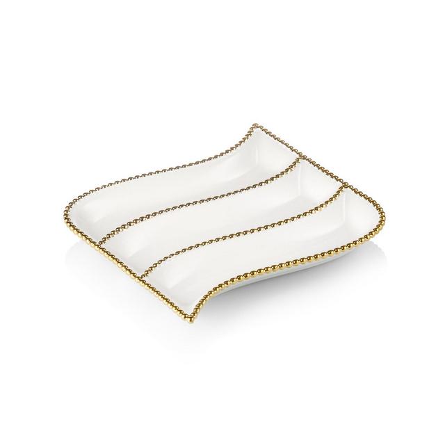 Classic Touch Porcelian 3 Divider cracker Dish with Gold Beaded Design