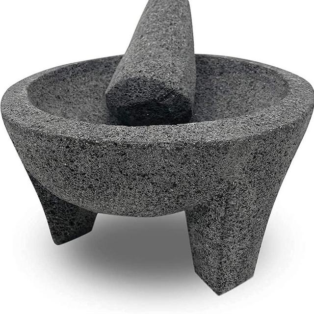 Lindo Brand, Mortar and Pestle Set Mixing Bowls Garlic Mincer,Pill Crusher and Spice Grinder 6 in Molcajete 6 in, Black