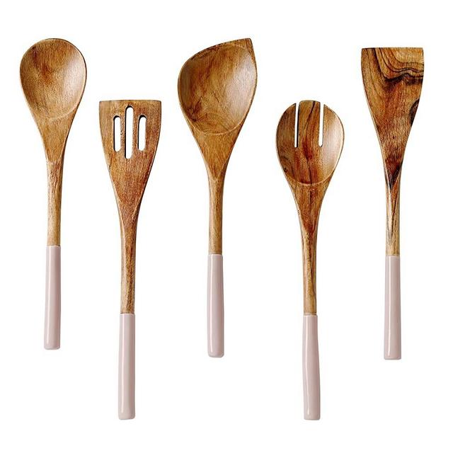 Wooden Cooking Utensils Set for Kitchen, Non Stick Cookware Tools Includes Wooden Spoon for Cooking, Spatula, Fork, Slotted Turner, Corner Spoon, Set of 5-12 Inches Long, Acacia Wood, Blush Pink