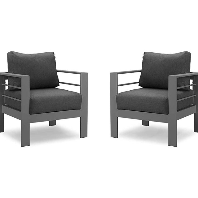 Solaste Patio Furniture Metal Armchair,2 PCS All-Weather Aluminum Garden Outdoor Contemporary Sofa Chair with Cushions, Dark Grey