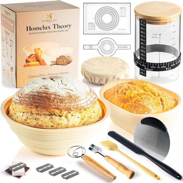 Sourdough Starter Kit, Sourdough Bread Baking Supplies with 2 Silicone Banneton Baskets, 34oz Sourdough Starter Jar Kit, Silicone Pastry Mat and Bread Sling, Washable 14PCS Bread Making Tools