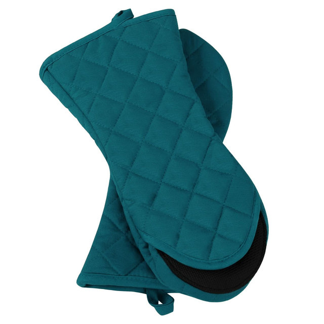 Unique Bargains Canvas Non-Slip Heat-Resistant Cotton Inside Oven Mitts Gloves 1 Pair Green 13"x6.7"x4.9"
