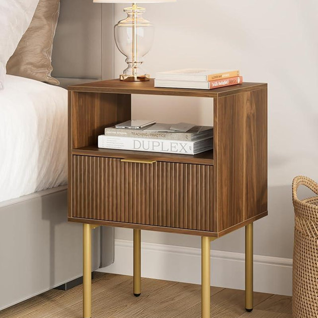Masupu Night Stand,Mid-Century Modern Bedside Table with Storage Drawer and Open Wood Shelf,Small Gold Frame Side Table for Bedroom,Living Room, Walnut