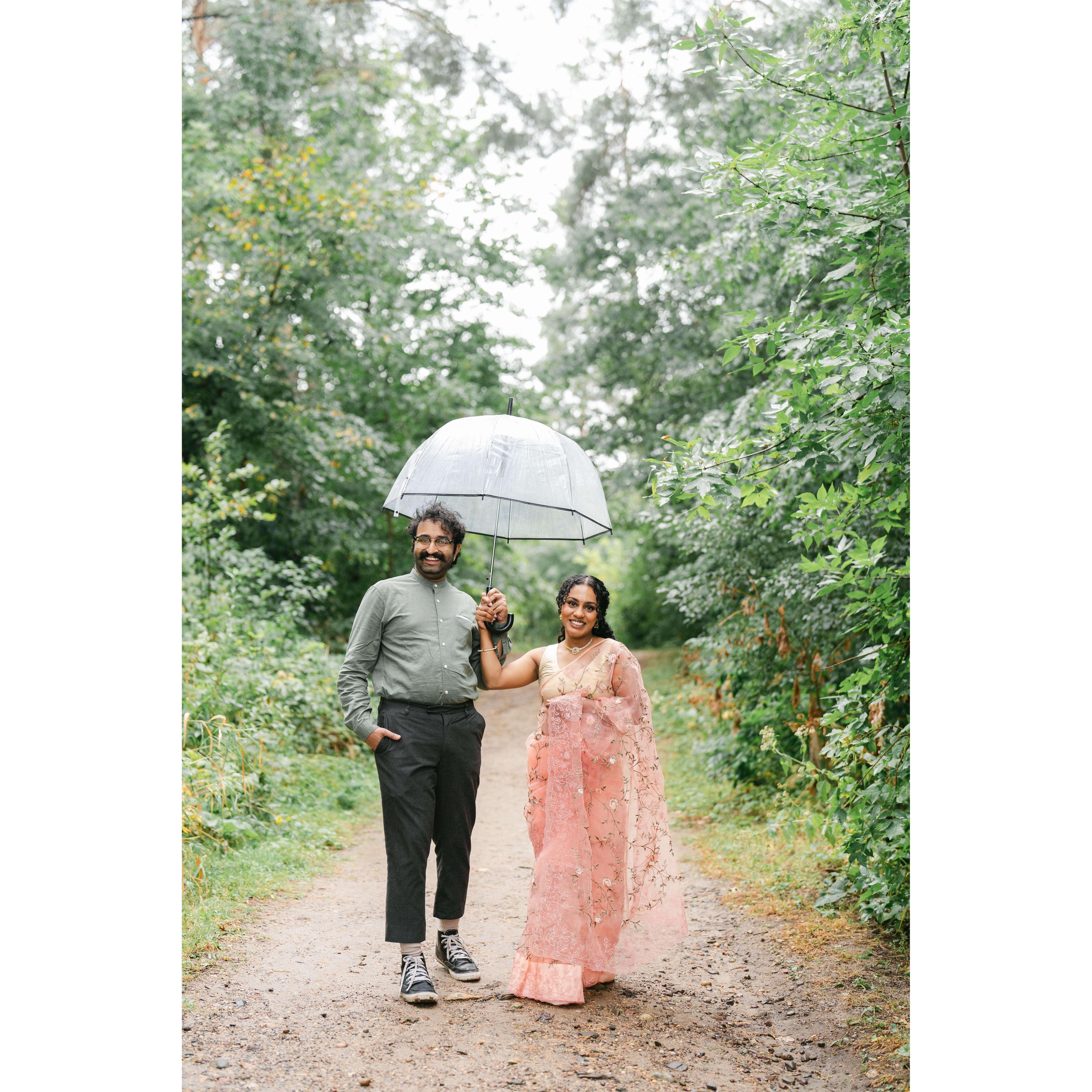 Vishnu's clothes are snug to the fit here because he immediately gained 25 pounds after meeting Merin and started balding at an alarming rate. That's love