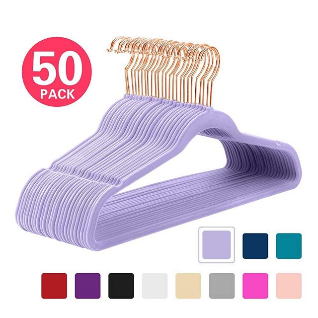 MIZGI Premium Velvet Hangers (Pack of 50) Heavyduty - Non Slip - Velvet Suit Hangers Light Purple - Copper/Rose Gold Hooks,Space Saving Clothes Hangers (Light Purple)