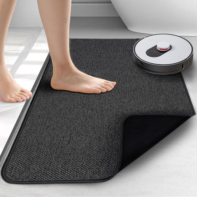 Upgraded Thin Bathroom Rugs, Bath Mat Super Absorbent, Bath Rugs Rubber Backing Non-Slip, Quick Dry Machine Washable, Cozy Cloth Bathroom Mat fit Under Door/Sink/ Bathtub/Floor/Shower 19''x30''-Black