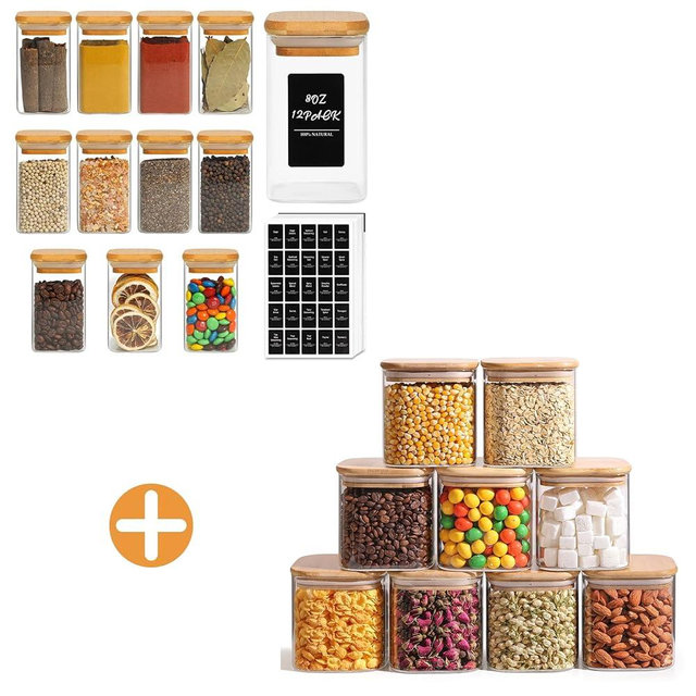 ComSaf 8oz&24oz Set of 21 Glass Storage Containers with Lids, Glass Jars with Bamboo Lids, Clear Food Storage Jar, Round Glass Canister, Pantry Organizers and Storage for Pasta Flour Coffee Bean