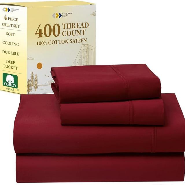 California Design Den Queen Sheet Set - Soft 400 Thread Count Sateen, Natural 100% Cotton Sheets Queen Size with Deep Pockets, Cooling and Durable Bedding Set - Fiery Red