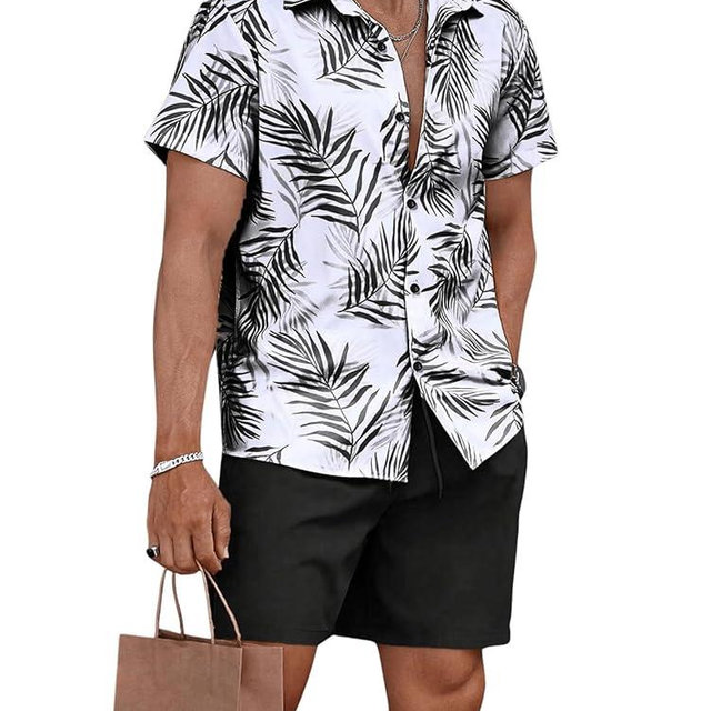 WDIRARA Men's Hawaiian Matching Set Summer Beach 2 Piece Outfits Tropical print Shirts and Shorts