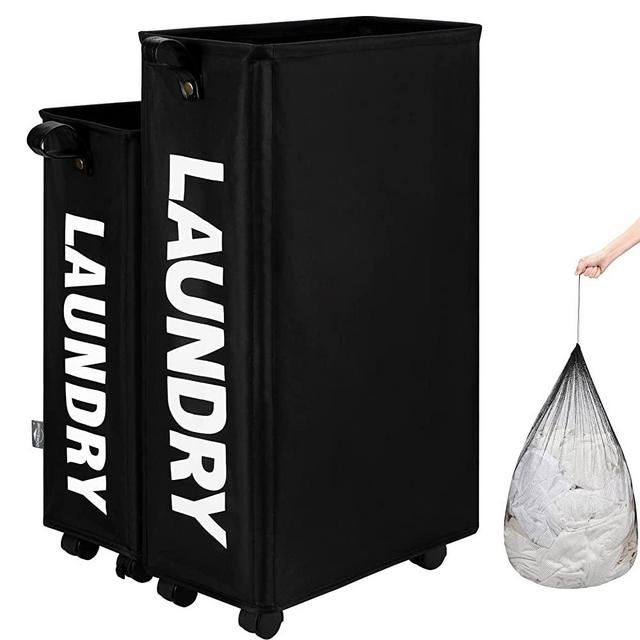 DOKEHOM 27.5-Inches Slim Laundry Basket with Removable Wash Bag on Wheels (4 Colors), Foldable Corner Storage Bins, Collapsible Rolling Laundry Hamper (Black)