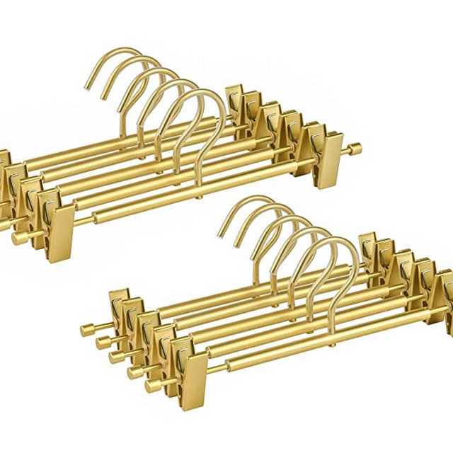 Amber Home Premium Matte Gold Aluminum Pants Hangers 10 Pack, 12.2” Extra Smooth & Durable Metal Skirt Slack Hanger, Light & Sturdy Metal Rack for Trouser with 2-Adjustable Non Slip Clips Swivel Hook