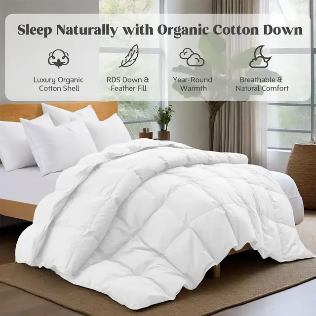 Puredown All Season Organic Cotton Down Comforter - 100% Natural, Chemical-Free, Medium Warmth Duvet Insert, White, King