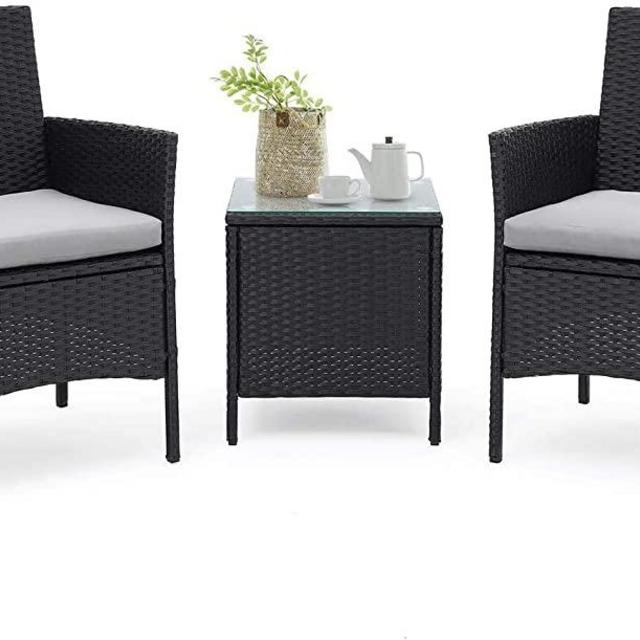 Skiway 3 Pieces Patio Bistro Set Outdoor Black Wicker Furniture Chairs Garden Conversation Set with Glass Top Coffee Table (Black/Grey)