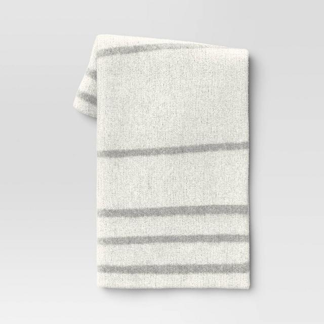 Cozy Feathery Knit Border Striped Throw Blanket Light Gray/Ivory - Threshold™