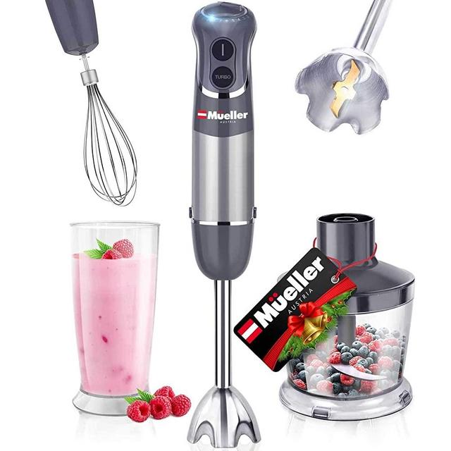 Mueller Austria Hand Blender, Smart Stick 800W, 12 Speed and Turbo Mode, 3-in-1, Titanium Steel Blades, Comfygrip Handle, with Whisk, Chopper/Grinder Bowl and Beaker/Measuring Cup