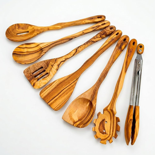 OLIVIKO 100% Olive Wood HANDMADE 6 Spoon Set (6 Utensils + Tongs) | Nonstick-Safe & BPA-Free | Great for Cooking, Baking, Serving & Gifting