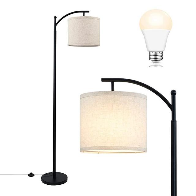 LED Modern Floor Lamp with Beige Linen lamp Shade,Tall Lamps Standing Lamp for Bedrooms,Living Room, Office,Black Pole Lamp with Foot Switch