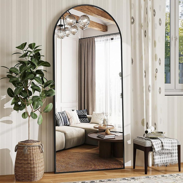Riskioir 65" x 24" Arch Full Length Mirror - Floor Full Body Mirror with Aluminum Frame - Standing, Leaning or Hanging, for Bedroom, Living Room, Black