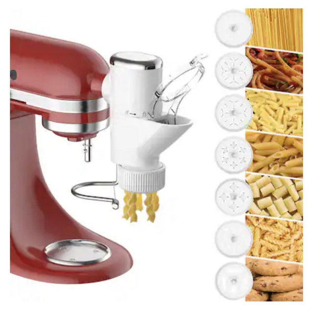 Gvode - 7-in-1 Pasta Attachment for 7 Pasta Shapes, Compatible with KitchenAid® Stand Mixers, Cookie Disc & Brush - White