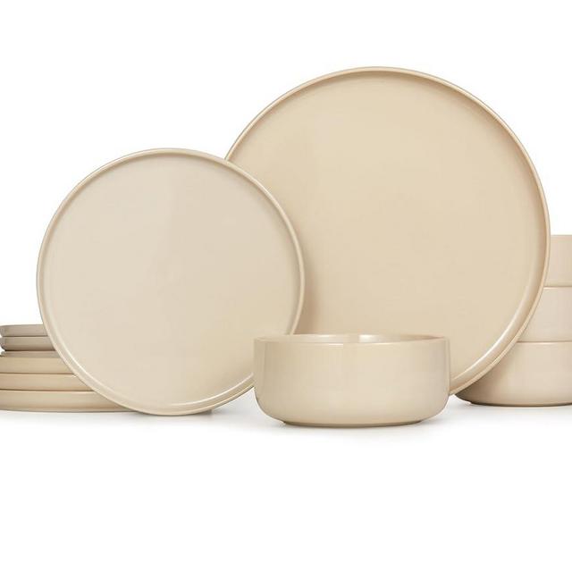 Dinnerware Set, 12 Piece Service for 4, by Kook, Ceramic 10.5” Dinner Plates, 8.2” Salad Plates and 25 oz Soup Bowls, Stoneware, Microwave and Dishwasher Safe, 12 Piece Set (beige)
