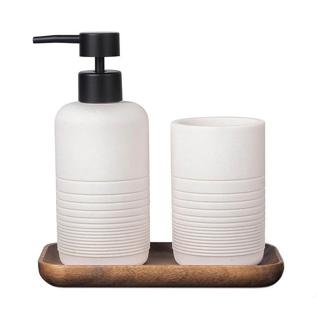 SIRELI Collection 3-Piece Bathroom Accessories Set, Ivory Resin, Soap Dispenser, Toothbrush Cup, Wood Vanity Tray, Set of 3, Amber Wood