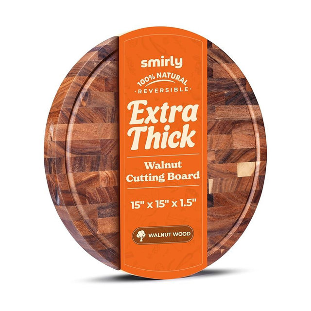 SMIRLY Round Wooden Cutting Boards 1.5” Thick For Kitchen Meal Prep & Serving - Walnut Cutting Board, Charcuterie & Chopping Board, Wood Cutting Board, Kitchen Gadgets