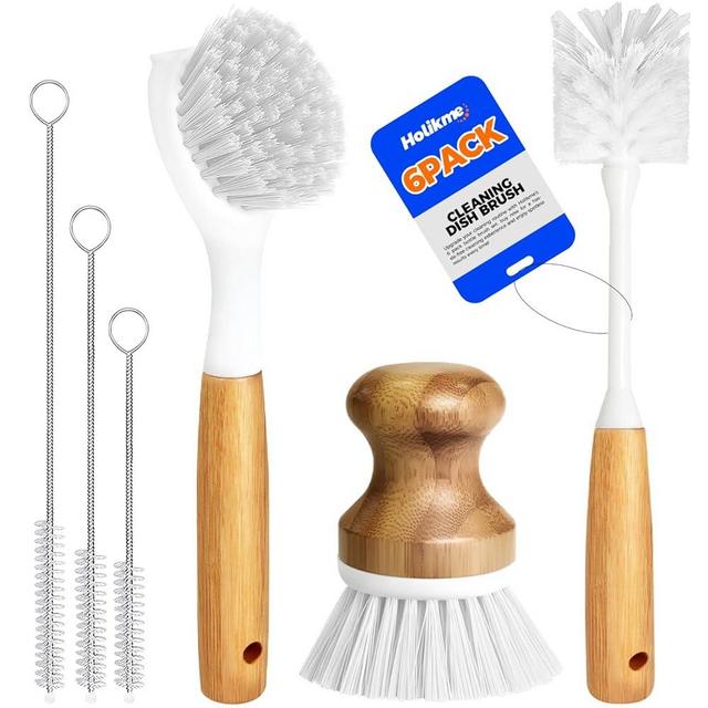 Holikme 6 Pack Dish Brush Scouring Pad Set with Bottle Brush, Dish Brush, Palm Scrub Brush and Straw Brush, Dish Scrubber Long Handle for Dish Bottle Cup Skillet Wok Pot Pan Cast Iron, White