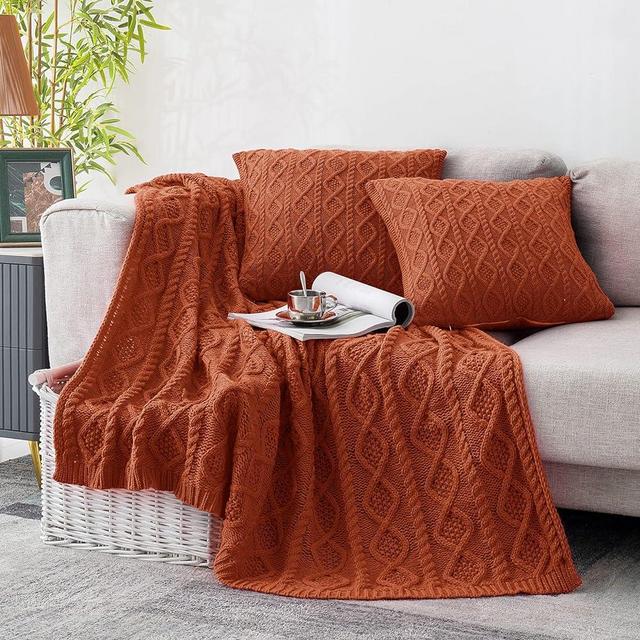 Homiest Cable Knit Throw Blanket and Pillow Set, Rust Throw Blanket Set of 3, Knitted Throw Blanket (50"x60") & 2 Pillow Covers (18"x18"), Soft & Cozy Decorative Throw Blanket for Couch Bed Sofa