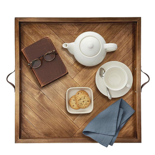 Large Square Ottoman Tray 24"x24", Wooden Ottoman Trays with Leather Handles, Rustic Decorative Storage Tray for Ottoman