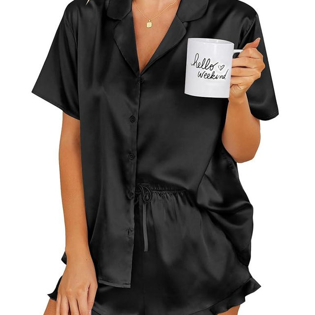 Ekouaer Womens Satin Pajamas Set Button Down 2 Piece Silk Pjs Shorts Set Ruffle Lingerie Notch Collar Sleepwear
