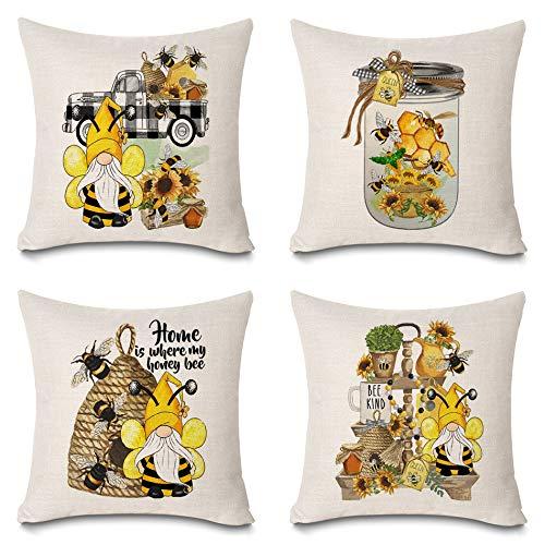 Faromily Happy Bee Sunflower Pillow Covers 18 x 18 Farmhouse Decorations Buffalo Plaid Bee Happy Bee Kind Throw Pillow Cases Spring Summer Gnome Truck Honey Cushion Covers Cotton Linen Set of 4