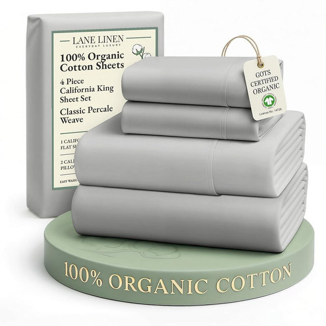 LANE LINEN 100% Organic Cotton California King Sheets Set, Fully Elasticized Reinforsed Seams in Fitted Pocket, Machine Washable Naturally Cooling All Season Cal King Sheet- Silver