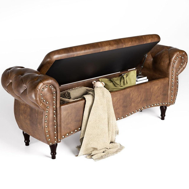 ZZW Storage Ottoman Bench, 53" Length Upholstered End of Bed Storage Bench for Bedroom with Safety Hinge, Tufted Bed Benches with Rolled Arm and Nailhead Trim for Living Room, Entryway