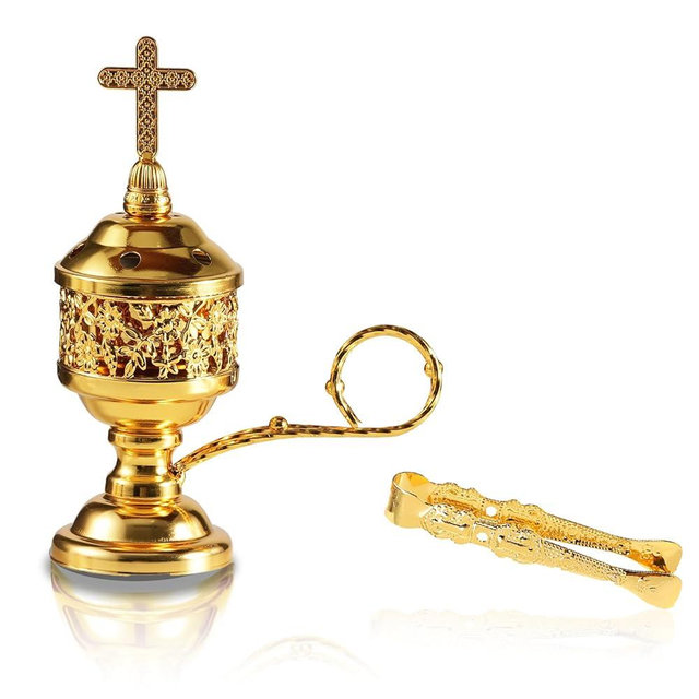 Gold Incense Burner with Tong – Frankincense Charcoal Incense Stand Aromatherapy, Yoga, Spa, Home Decor, and Church Use – Compact & Durable Bakhoor Holder