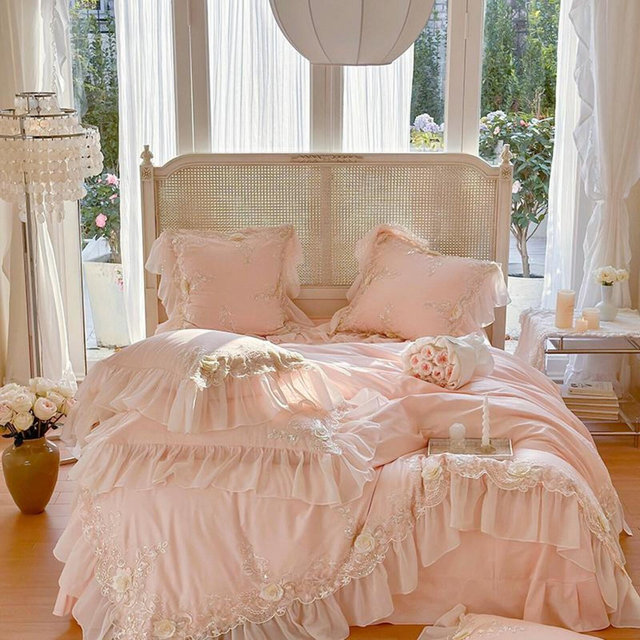 Blush Pink White Lace Cotton Bedding Set a19 Embroidered Floral Duvet Cover with Chiffon Ruffles Princess Bridal Style
