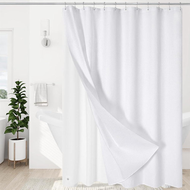 Craidlela 3 in 1 Shower Curtain Set, White Waffle Shower Curtain and PEVA Liner Set with 12 Stainless Steel Shower Curtain Hooks, Waterproof Fabric Shower Curtains for Bathroom, 72 W x 72 H