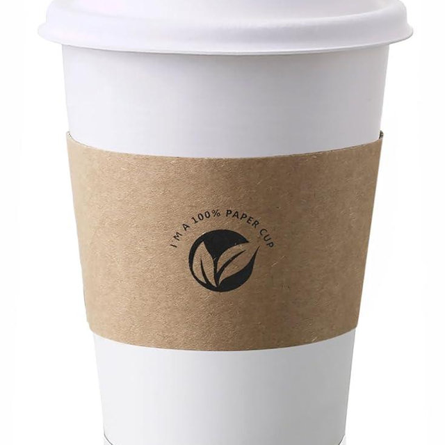 KTOB [50 pack] 12 oz Compostable Coffee Cups with Lids and Kraft Sleeves, Eco Friendly Disposable White Paper Cups Combo for Hot Beverage