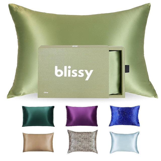 Blissy Silk Pillowcase - 100% Pure Mulberry Silk - 22 Momme 6A High-Grade Fibers - Silk Pillow Cover for Hair & Skin - Regular, Queen & King (Olive, Queen)