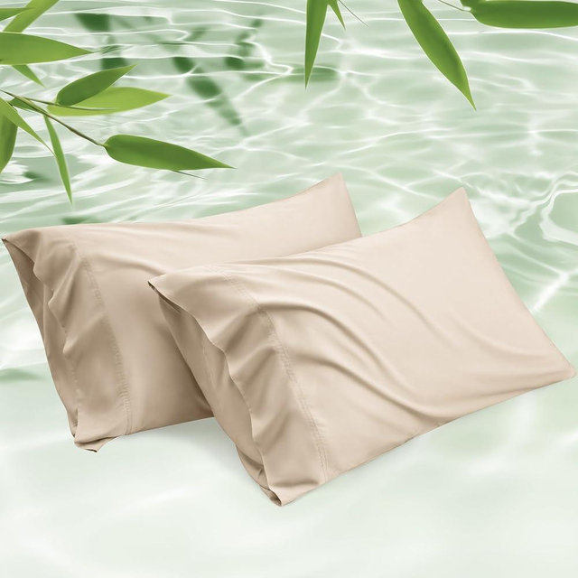 Bedsure Cooling Pillow Cases Queen Size Set of 2, Rayon Derived from Bamboo Cooling Pillowcase for Hot Sleepers, Cool Pillow Covers with Envelope Closure for Women, Men, Beige, 20x30 Inches