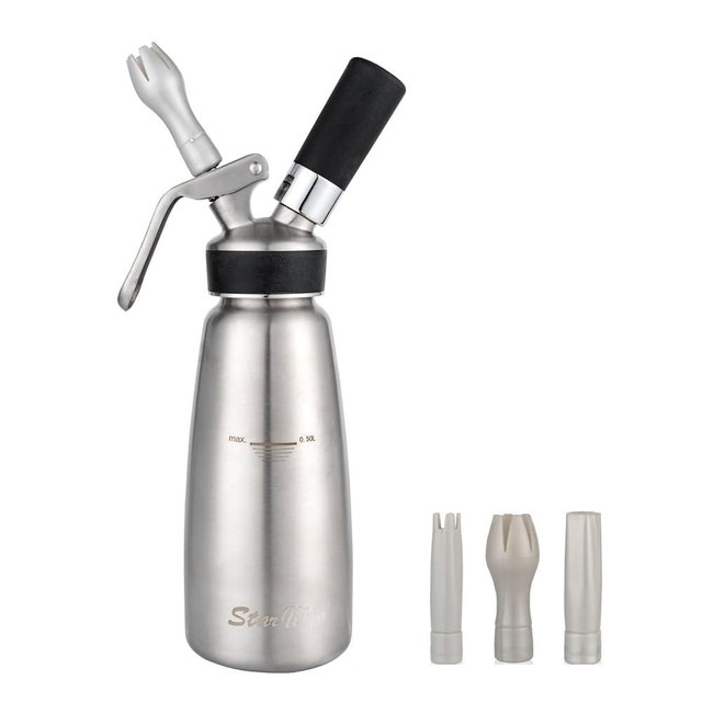 StarWhip Professional Whipped Cream Dispenser Stainless Steel 304- Highly Durable Cream Whipper 1 Pint (500 mL) with 3 Tips andBrush, ZERO-LEAK Whipping Siphon Canister, Gourmet Maker (SS-P)