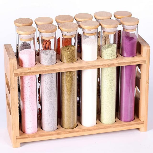 Tzerotone Bamboo Spice Rack with Empty Round Spice Jars Sets - Farmhouse Seasoning Organizer for Countertop Cabinet Kitchen Pantry - Included 5oz 12 Pcs Glass Spice Containers with Lids and 1 Pcs Standing Spice Holder