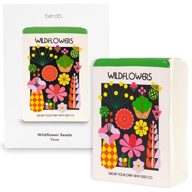 ban.do Unique Flower Vase, Decorative Vase Shaped Like Seed Packet, Colorful Ceramic Vase, Shelf Decor for Home or Office, Wildflower Seeds