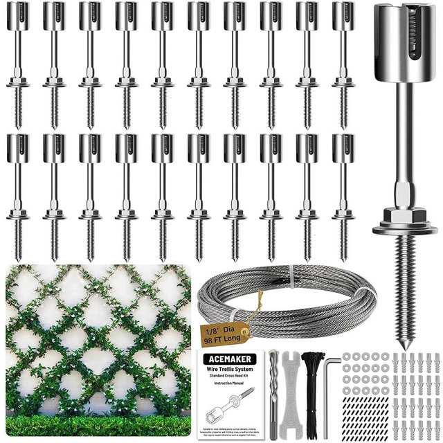 Acemaker Wire Trellis for Climbing Plants Outdoor, 20-Set Wall Wire Trellis Kit with 1/8in x 98ft Stainless Steel Cable, T316 Espalier System for Fence and Garden DIY Projects