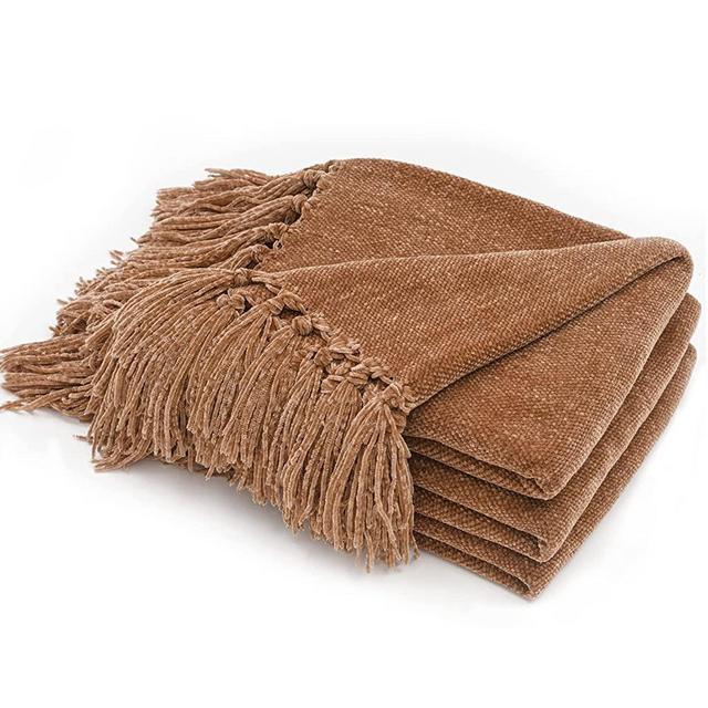 RECYCO Throw Blanket Soft Cozy Chenille Throw Blanket with Fringe Tassel for Couch Sofa Chair Bed Living Room Gift (Light Brown, 60'' x 80'')