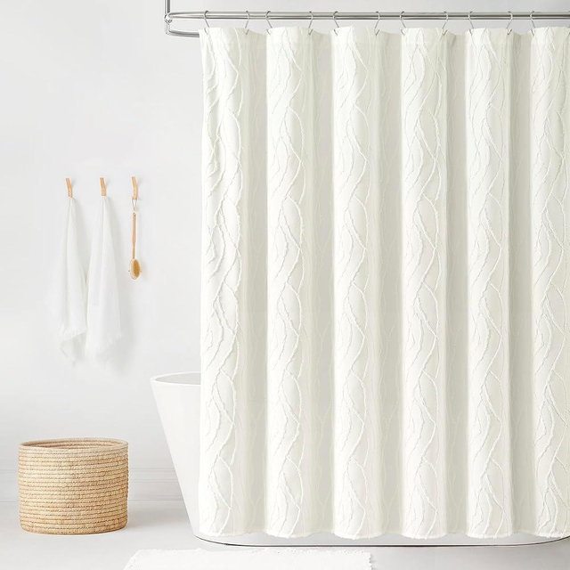 Lush Decor Jacquard Wave Shower Curtain, Single, 72" W x 72" L, Soft White - Tufted Texture Design - White Shower Curtain for Bathroom - Cottage & Coastal Bathroom Décor