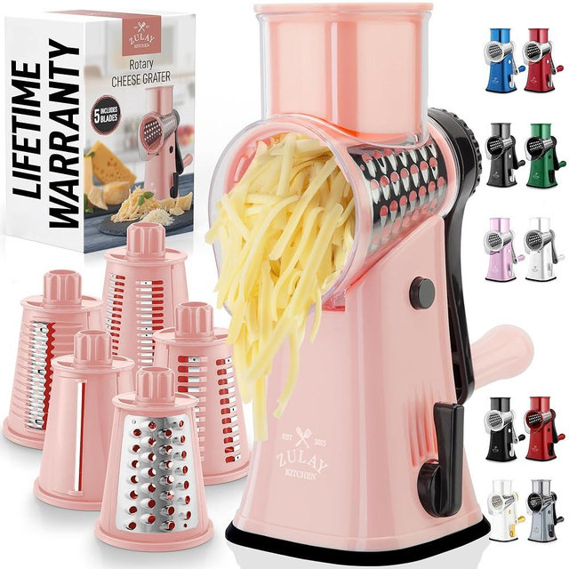 Zulay Kitchen Rotary Cheese Grater 5 Blade Cheese Shredder - Manual Hand Crank Cheese Grater With Reinforced Suction & 5 Interchangeable Drums - Easy to Use, Vegetable Chopper Round Mandoline Slicer