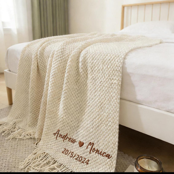 Personalized Wedding Throw Blanket, Custom Couple Gift, Mr and Mrs Blanket, Wedding Date Blanket, Bridal Shower Present, Mother’s Day Gift - beige-50*66in, Design 3
